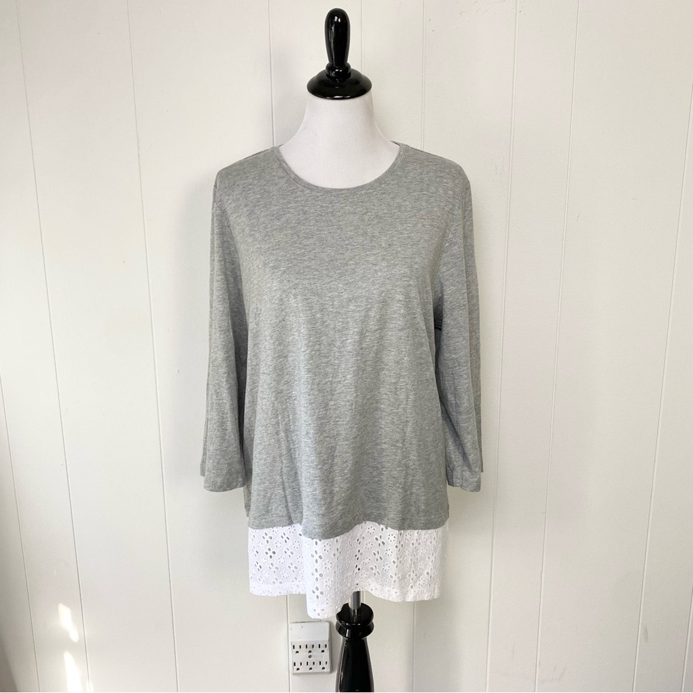 J. Jill Tunic Top Sz XL Heathered Grey White Eyelet Hem 3/4 Sleeve Cotton Blend